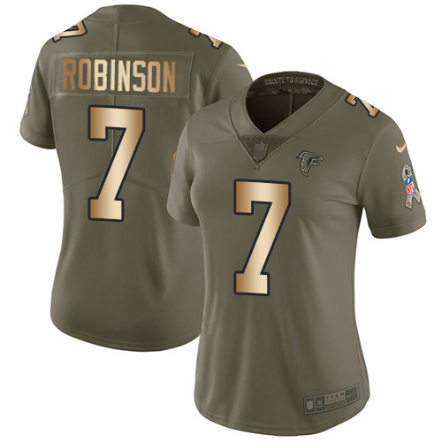 Falcons #7 Bijan Robinson Olive/Gold Stitched Women's Limited 2017 Salute To Service Jersey