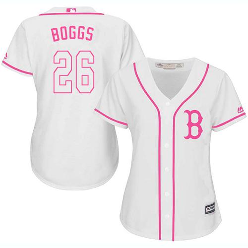 Boston Red Sox #26 Wade Boggs White/Pink Fashion Women's Stitched Jersey Womens