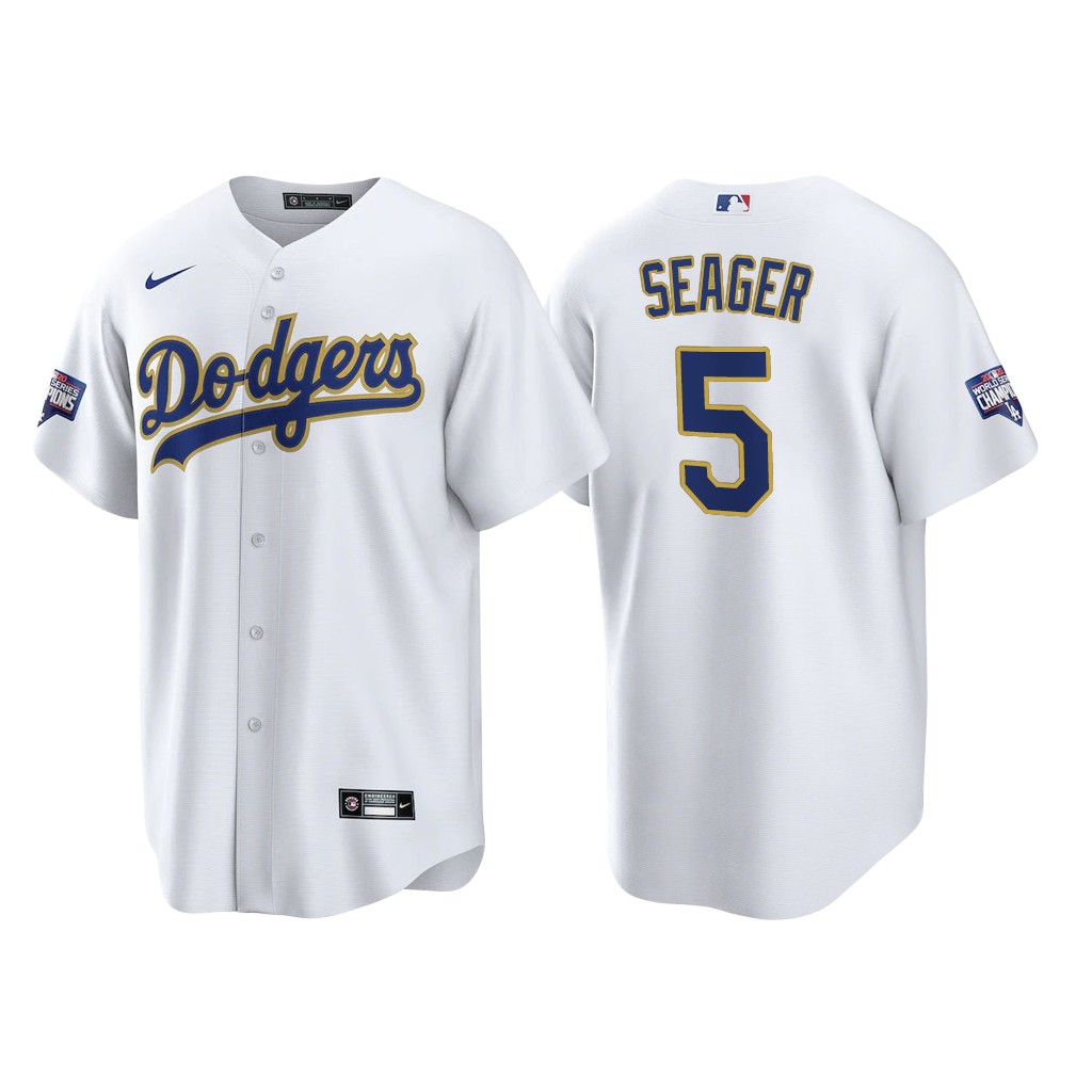 Los Angeles Dodgers #5 Corey Seager Men's 2021 Gold Program World Series Champions Jersey Whtie