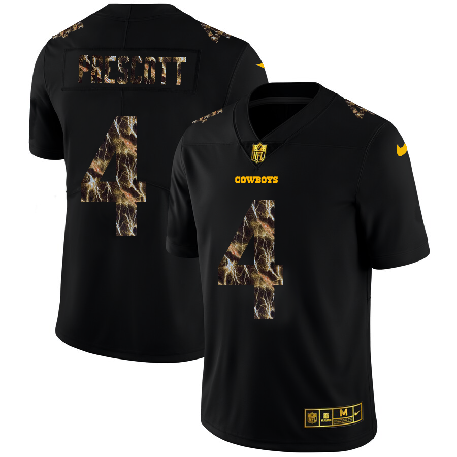 Dallas Cowboys #4 Dak Prescott Men's Black Flocked Lightning Vapor Limited Jersey