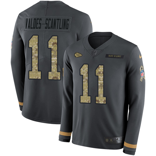 Chiefs #11 Marquez Valdes-Scantling Anthracite Salute To Service Youth Stitched Limited Therma Long Sleeve Jersey