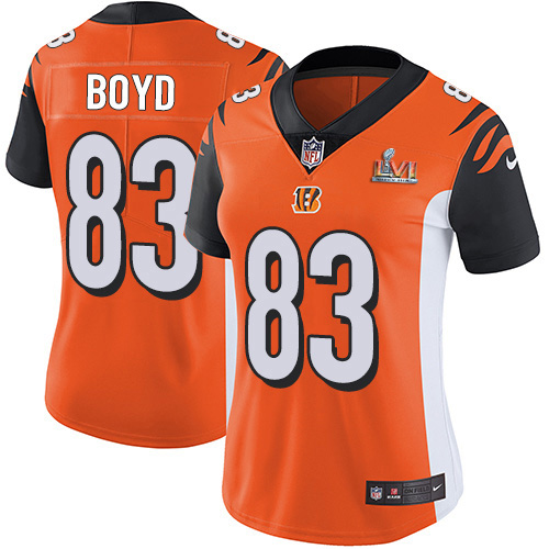 Bengals #83 Tyler Boyd Orange Alternate Super Bowl LVI Patch Women's Stitched Vapor Untouchable Limited Jersey