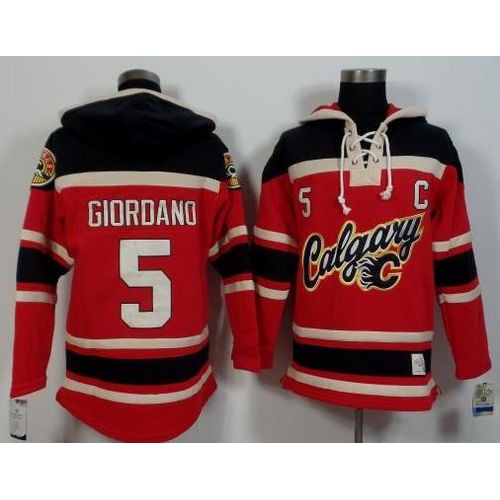 Calgary Flames #5 Mark Giordano Red/Black Sawyer Hooded Sweatshirt Stitched Jersey Men's