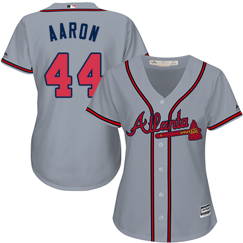 Atlanta Braves #44 Hank Aaron Grey Road Women's Stitched Jersey Womens