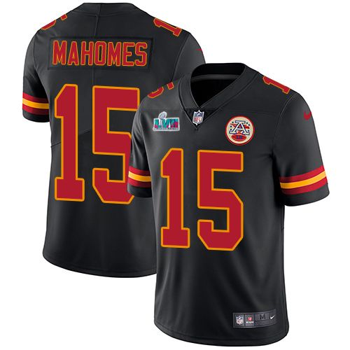 Chiefs #15 Patrick Mahomes Black Super Bowl LVII Patch Men's Stitched Limited Rush Jersey