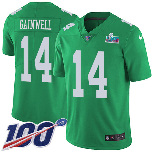 Eagles #14 Kenneth Gainwell Green Super Bowl LVII Patch Men's Stitched Limited Rush 100th Season Jersey