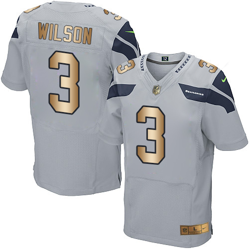 Seattle Seahawks #3 Russell Wilson Grey Alternate Men's Stitched Elite Gold Jersey Men's