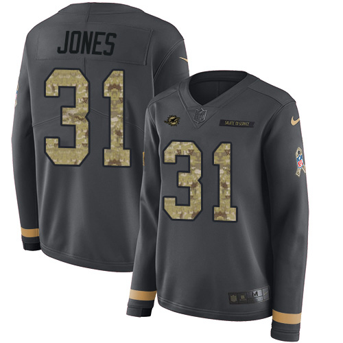 Miami Dolphins #31 Byron Jones Anthracite Salute to Service Women's Stitched Limited Therma Long Sleeve Jersey Womens