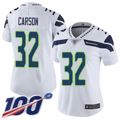 Seattle Seahawks #32 Chris Carson White Women's Stitched 100th Season Vapor Limited Jersey Womens