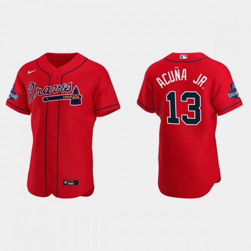 Atlanta Atlanta Braves #13 Ronald Acuna Jr. Men's 2021 World Series Champions Patch Authentic Player Jersey - Red Men's