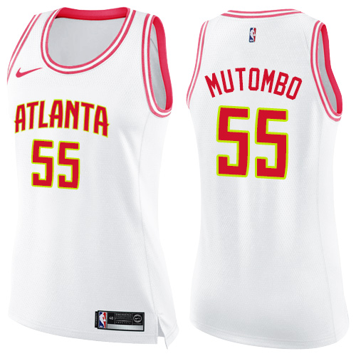 Atlanta Hawks #55 Dikembe Mutombo White/Pink Womens Swingman Fashion Jersey Womens