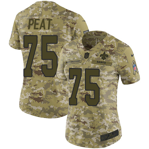 New Orleans Saints #75 Andrus Peat Camo Women's Stitched Limited 2018 Salute to Service Jersey Womens