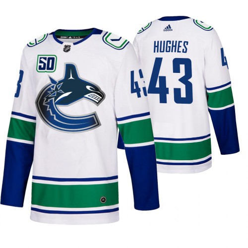 Vancouver Vancouver Canucks #43 Quinn Hughes 50th Anniversary Men's White 2019-20 Away Authentic Jersey Men's