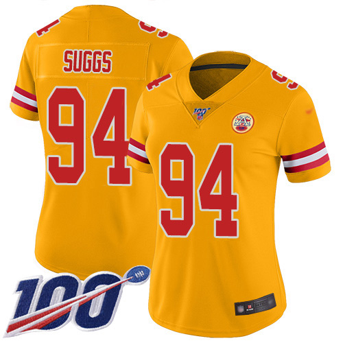 Kansas City Chiefs #94 Terrell Suggs Gold Women's Stitched Limited Inverted Legend 100th Season Jersey Womens