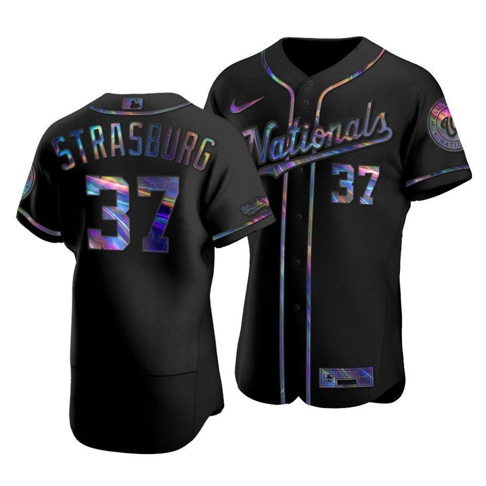 Washington Nationals #37 Stephen Strasburg Men's Iridescent Holographic Collection Jersey - Black