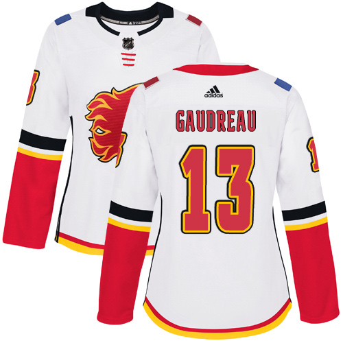 Adidas Calgary Flames #13 Johnny Gaudreau White Road Authentic Women's Stitched Jersey Womens