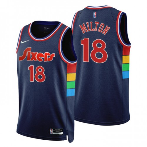 Philadelphia 76ers #18 Shake Milton Navy Mens 75th Anniversary Diamond Swingman Jersey - Icon Edition Mens