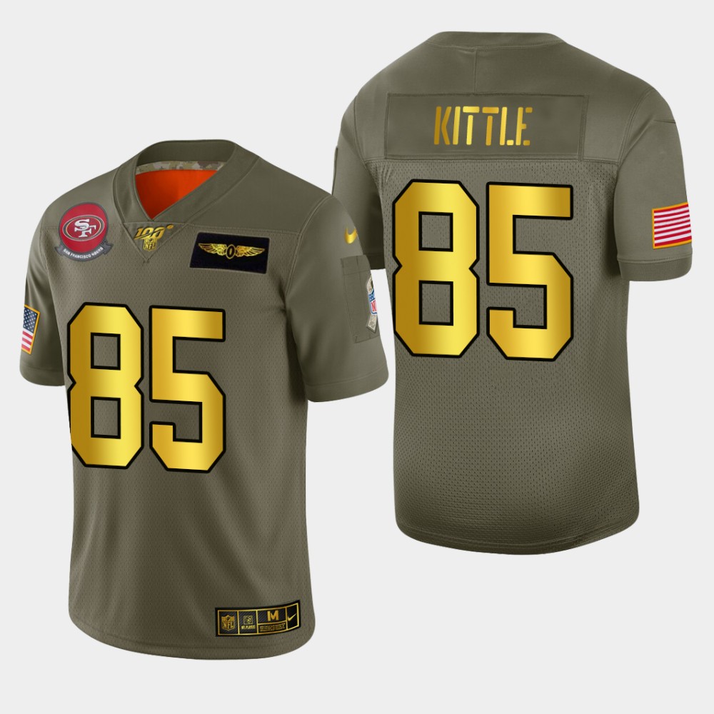 49ers #85 George Kittle Men's Olive Gold 2019 Salute To Service 100 Limited Jersey