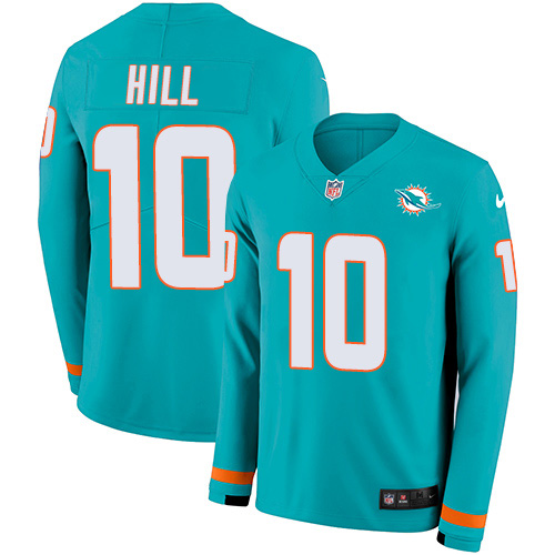 Dolphins #10 Tyreek Hill Aqua Green Team Color Men's Stitched Limited Therma Long Sleeve Jersey