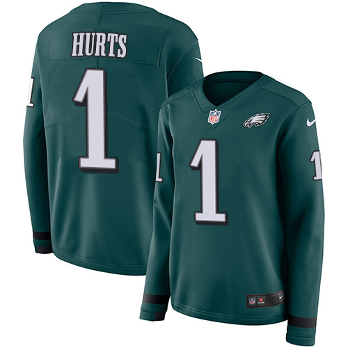 Eagles #1 Jalen Hurts Green Team Color Women's Stitched Limited Therma Long Sleeve Jersey
