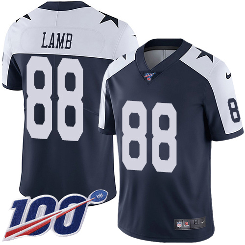 Cowboys #88 CeeDee Lamb Navy Blue Thanksgiving Youth Stitched 100th Season Vapor Throwback Limited Jersey