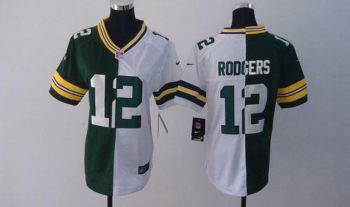 Packers #12 Aaron Rodgers Green/White Women's Stitched Elite Split Jersey