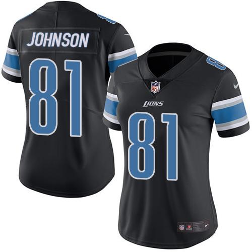 Detroit Lions #81 Calvin Johnson Black Women's Stitched Limited Rush Jersey Womens