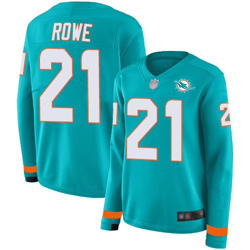 Miami Dolphins #21 Eric Rowe Aqua Green Team Color Women's Stitched Limited Therma Long Sleeve Jersey Womens