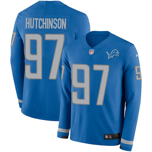 Lions #97 Aidan Hutchinson Blue Team Color Youth Stitched Limited Therma Long Sleeve Jersey