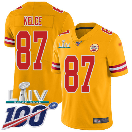 Chiefs #87 Travis Kelce Gold Super Bowl LIV 2020 Youth Stitched Limited Inverted Legend 100th Season Jersey