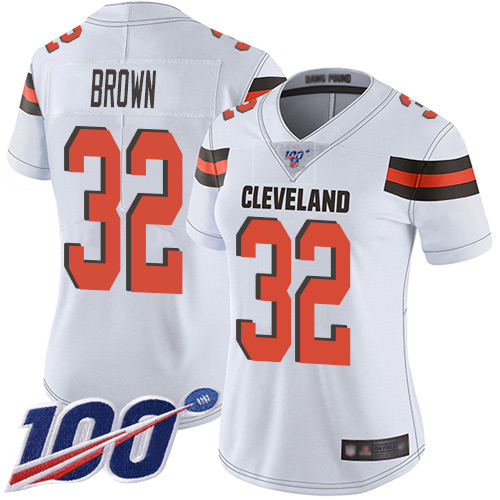 Browns #32 Jim Brown White Women's Stitched 100th Season Vapor Limited Jersey