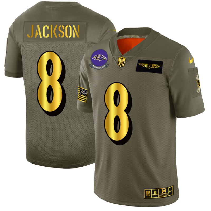 Baltimore Ravens #8 Lamar Jackson Men's Olive Gold 2019 Salute To Service Limited Jersey