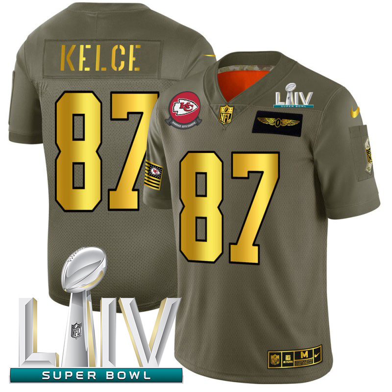 Kansas City Chiefs #87 Travis Kelce Men's Olive Gold Super Bowl LIV 2020 2019 Salute To Service Limited Jersey