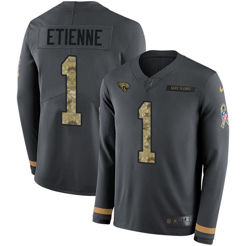 Jaguars #1 Travis Etienne Anthracite Salute To Service Men's Stitched Limited Therma Long Sleeve Jersey
