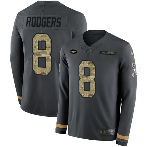 Jets #8 Aaron Rodgers Anthracite Salute To Service Youth Stitched Limited Therma Long Sleeve Jersey