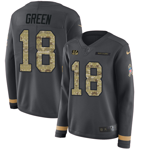 Cincinnati Bengals #18 A.J. Green Anthracite Salute to Service Women's Stitched Limited Therma Long Sleeve Jersey Womens