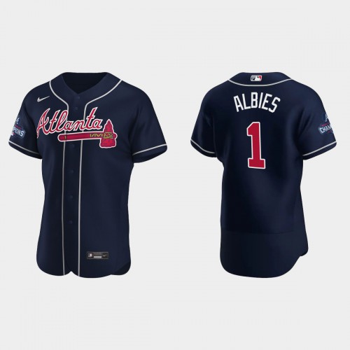 Atlanta Atlanta Braves #1 Ozzie Albies Men's 2021 World Series Champions Patch Authentic Player Jersey - Navy Men's
