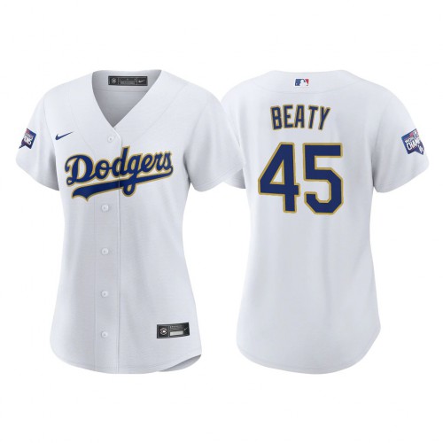 Los Angeles Los Angeles Dodgers #45 Matt Beaty Women's 2021 Gold Program World Series Champions Jersey Whtie Womens