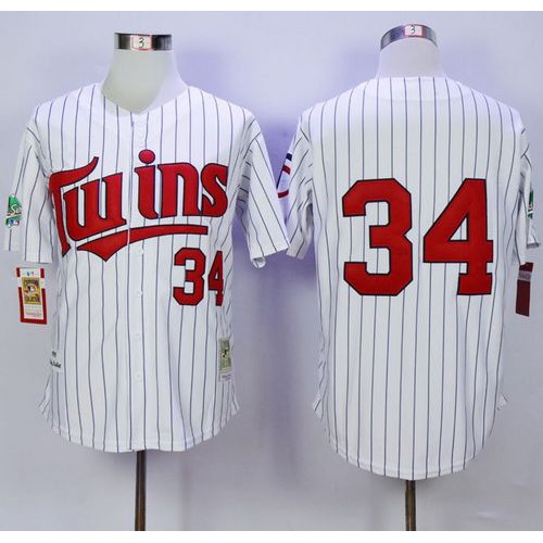 Mitchell And Ness 1991 Minnesota Twins #34 Kirby Puckett White(Blue Strip) Throwback Stitched Jersey Men's
