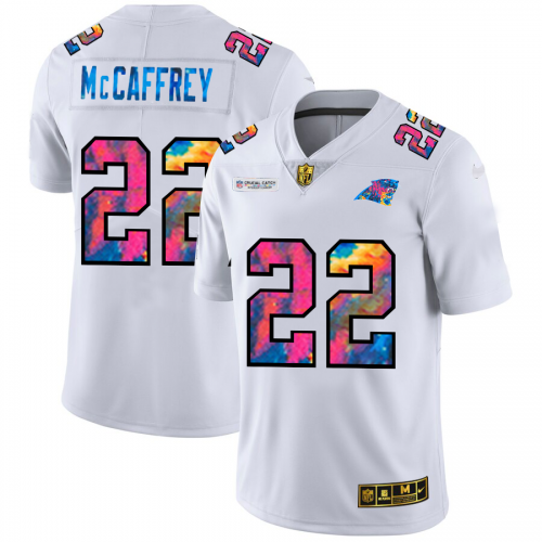 Carolina Carolina Panthers #22 Christian McCaffrey Men's White Multi-Color 2020 Crucial Catch Limited Jersey Men's