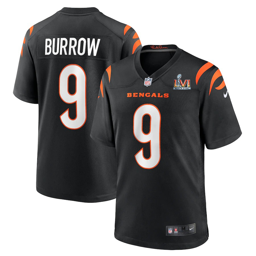 Cincinnati Bengals #9 Joe Burrow Black Super Bowl LVI Patch Game Jersey