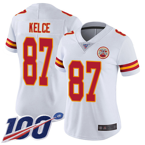 Chiefs #87 Travis Kelce White Women's Stitched 100th Season Vapor Limited Jersey
