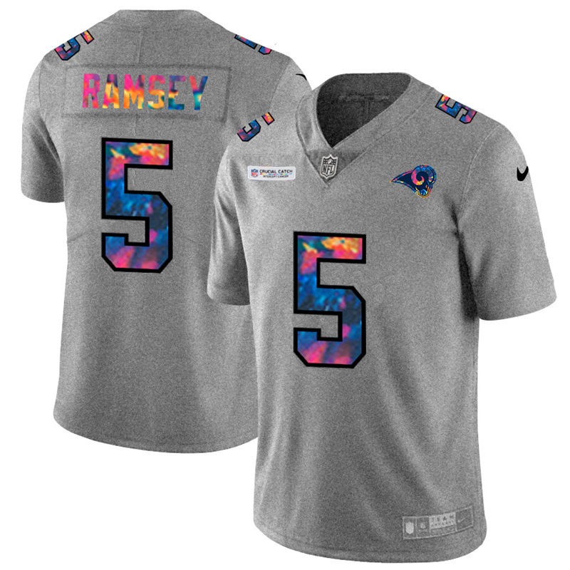 Los Angeles Rams #5 Jalen Ramsey Men's Multi-Color 2020 Crucial Catch Jersey Greyheather