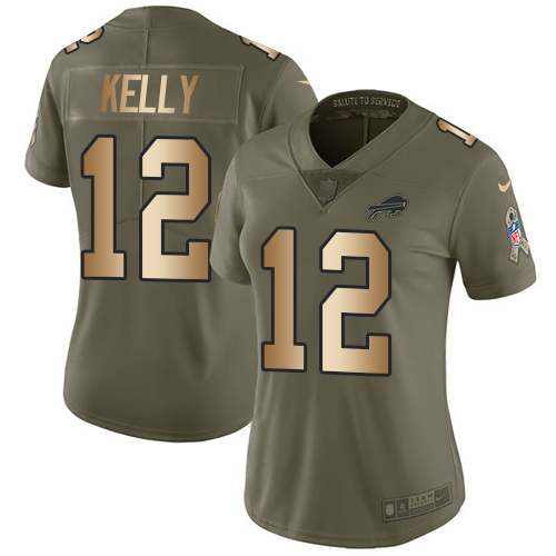 Bills #12 Jim Kelly Olive/Gold Women's Stitched Limited 2017 Salute To Service Jersey