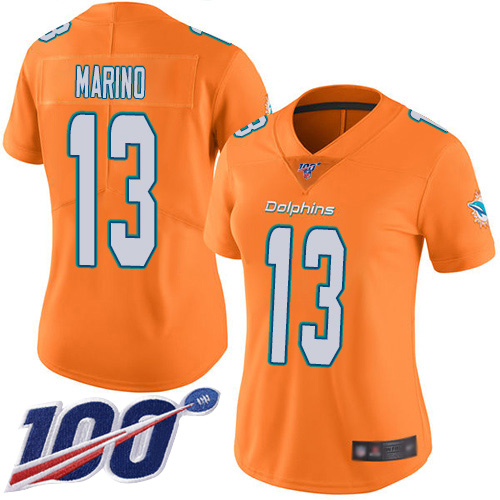 Dolphins #13 Dan Marino Orange Women's Stitched Limited Rush 100th Season Jersey