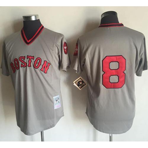 Mitchell and Ness 1975 Boston Red Sox #8 Carl Yastrzemski Grey Stitched Throwback Jersey Men's