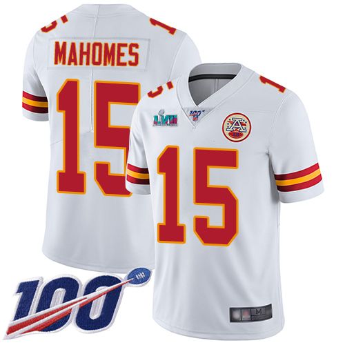Chiefs #15 Patrick Mahomes White Super Bowl LVII Patch Youth Stitched 100th Season Vapor Limited Jersey