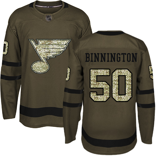 Adidas St. Louis Blues #50 Jordan Binnington Green Salute to Service Stitched Jersey Men's