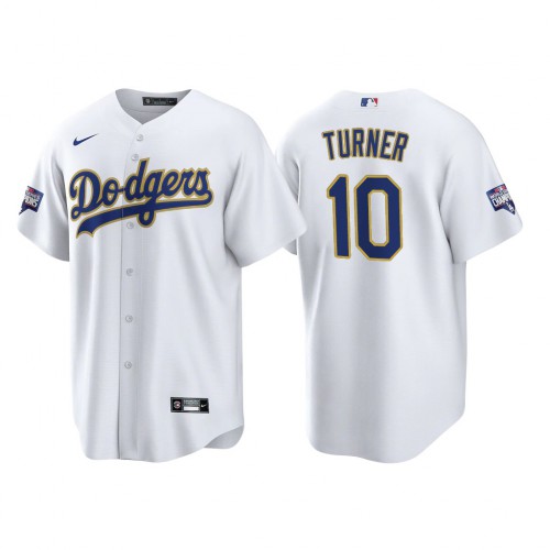 Los Angeles Los Angeles Dodgers #10 Justin Turner Men's 2021 Gold Program World Series Champions Jersey Whtie Men's