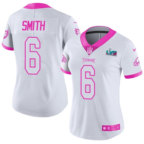 Eagles #6 DeVonta Smith White/Pink Super Bowl LVII Patch Women's Stitched Limited Rush Fashion Jersey